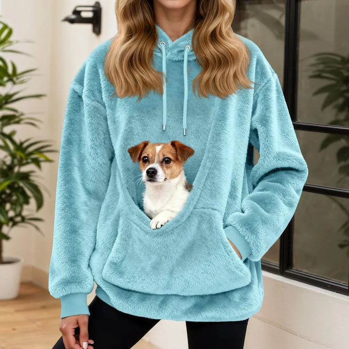 Felpa donna con cappuccio e tasca per animali azzurro