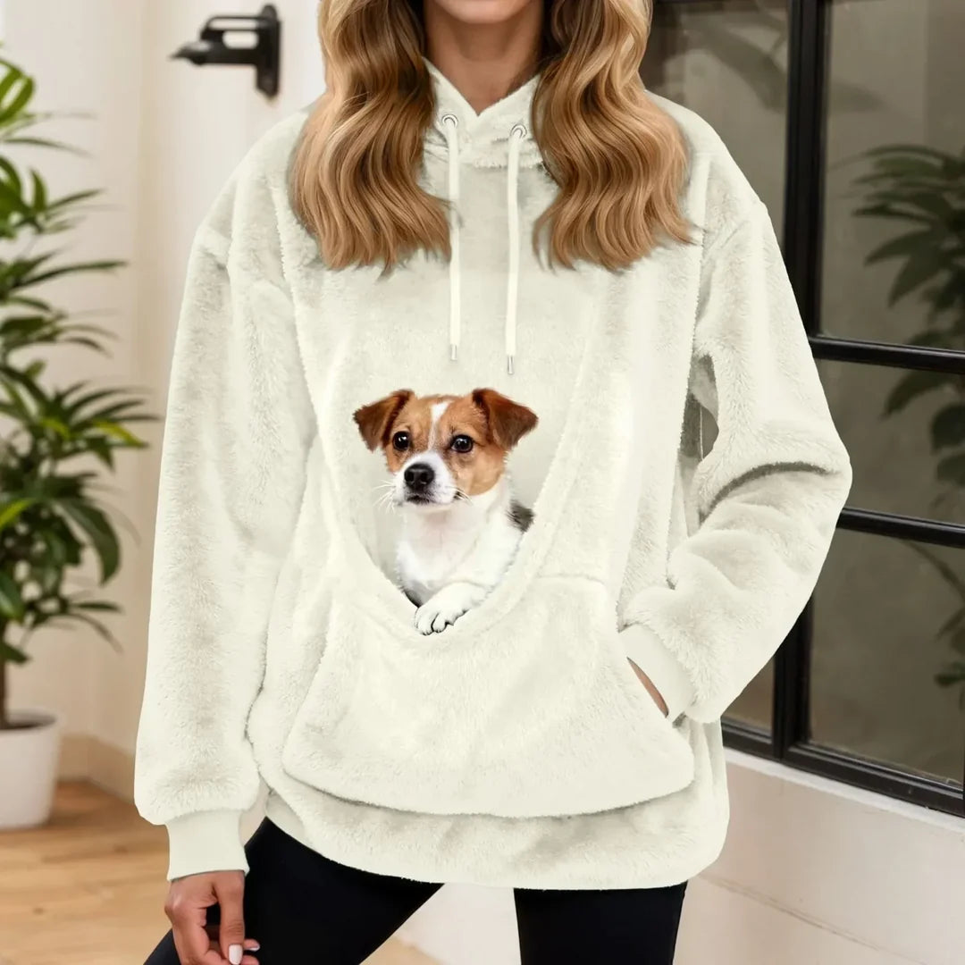 Felpa donna con cappuccio e tasca per animali beige