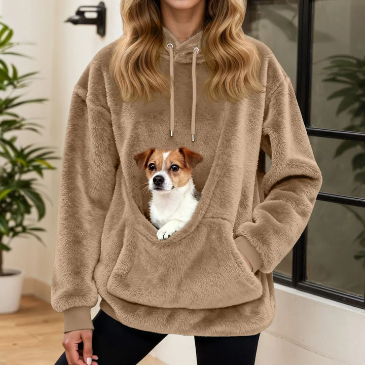 Felpa donna con cappuccio e tasca per animali cachi