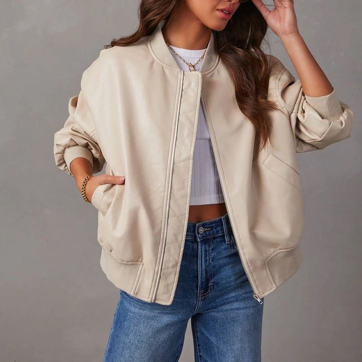 Giacca bomber da donna effetto pelle crema