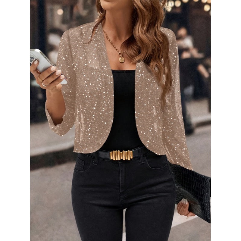 Giacca corta donna beige con paillettes e davanti aperto