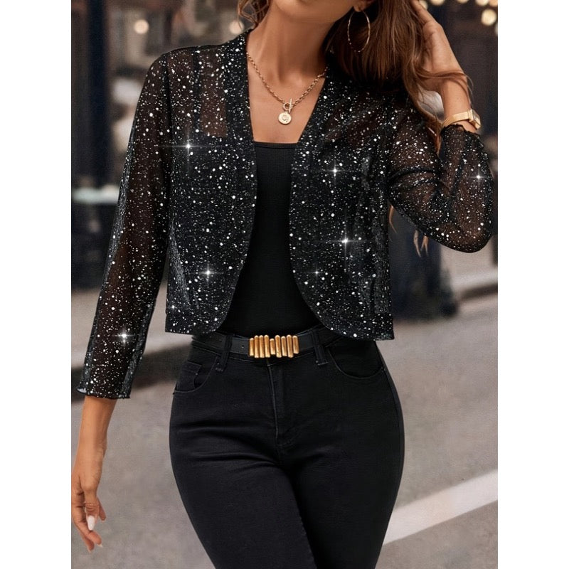 Giacca corta donna nera con paillettes e davanti aperto