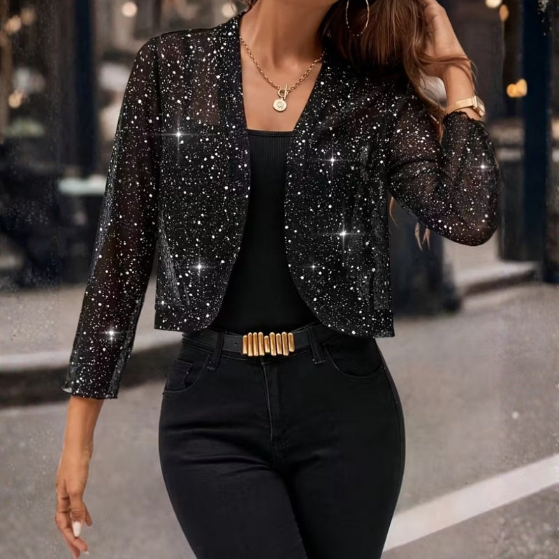Giacca corta donna grigio antracite con paillettes indossata
