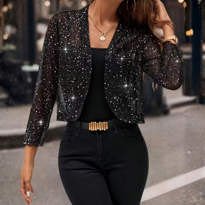 Giacca corta donna grigio antracite con paillettes indossata