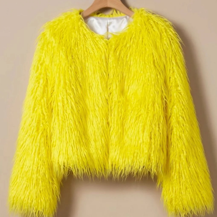 Giacca corta da donna effetto pelliccia giallo a pelo lungo