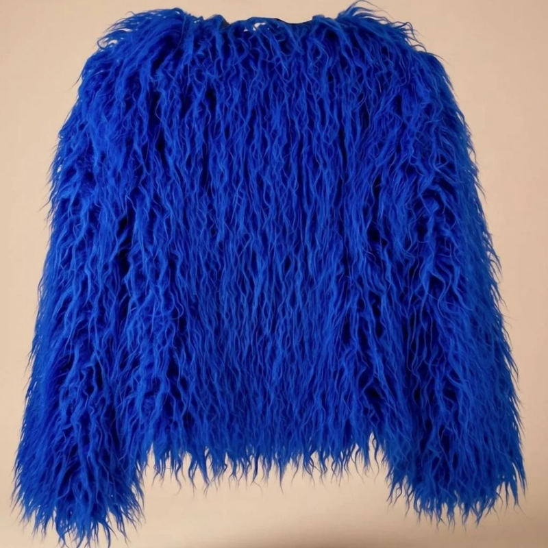 Giacca corta da donna effetto pelliccia blu a pelo lungo