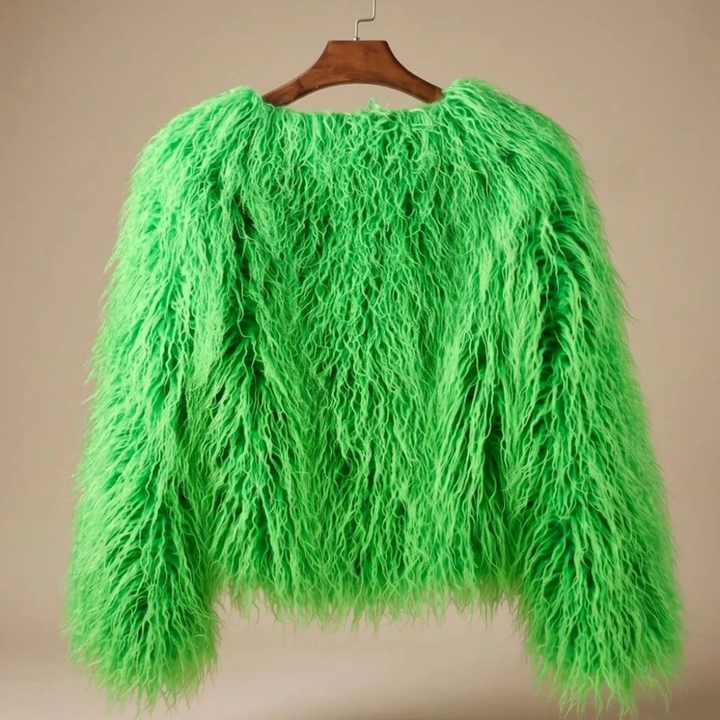Giacca corta da donna effetto pelliccia verde a pelo lungo