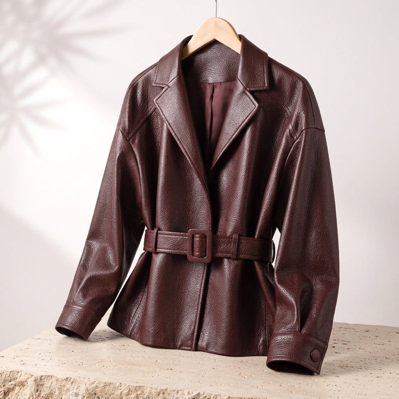 Damenjacke in Lederoptik mit Revers und Gürtel für den Herbst