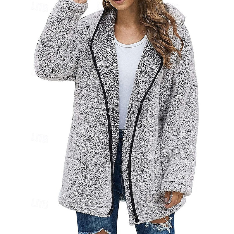 Giacca effetto teddy da donna con bordi a contrasto grigia – vista frontale