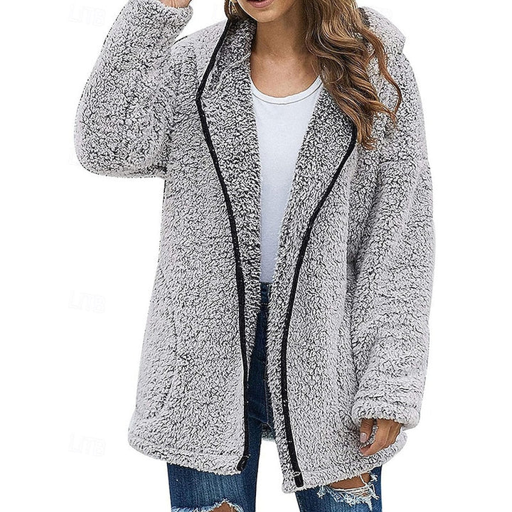 Giacca effetto teddy da donna con bordi a contrasto grigia – vista frontale