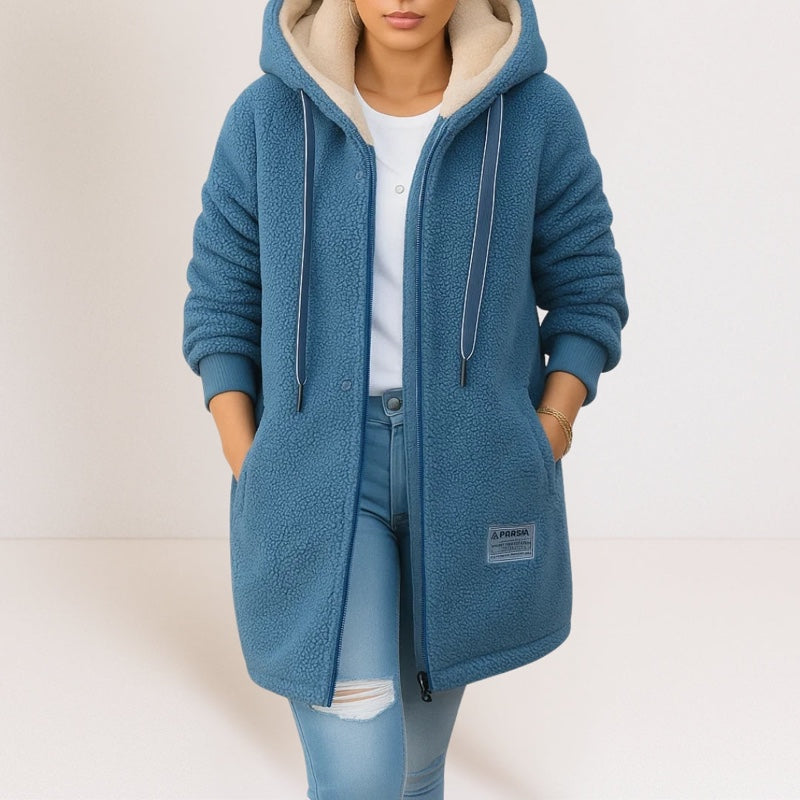 Weiche lange Damenjacke mit Kapuze und Reißverschluss für den Winter