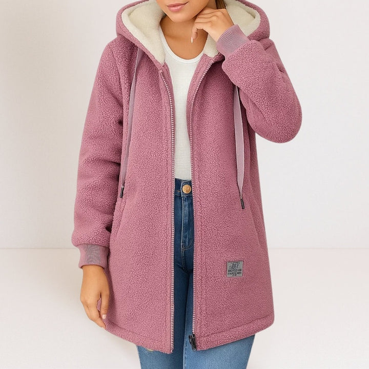 Giacca lunga donna rosa con cappuccio e tasche