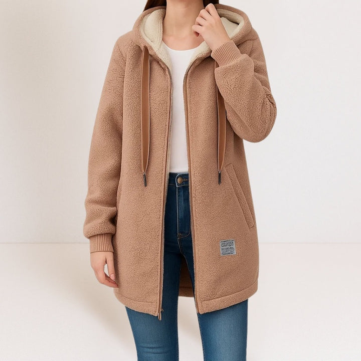 Giacca lunga donna cammello con cappuccio e zip