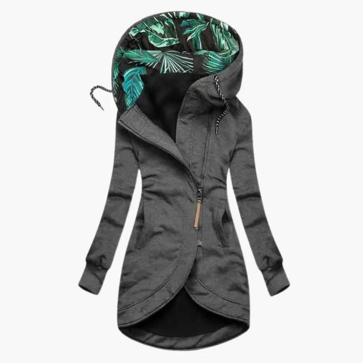 Giacca lunga da donna grigio con cappuccio a fantasia e zip asimmetrica