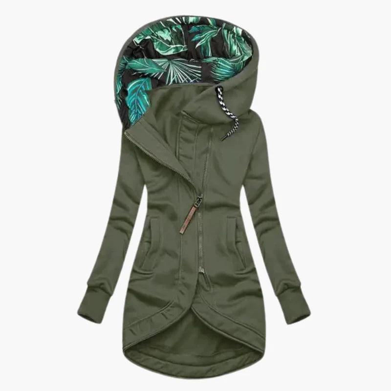 Giacca lunga da donna verde con cappuccio a fantasia e zip asimmetrica