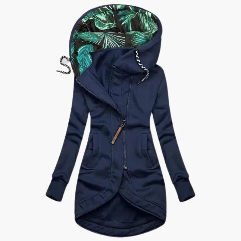 Giacca lunga da donna blu navy con cappuccio a fantasia e zip asimmetrica