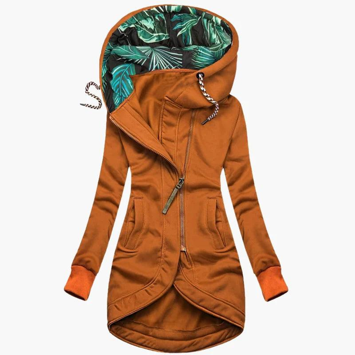 Giacca lunga da donna arancione con cappuccio a fantasia e zip asimmetrica