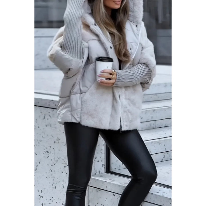 Giacca oversize da donna effetto pelliccia con cappuccio grigio chiaro