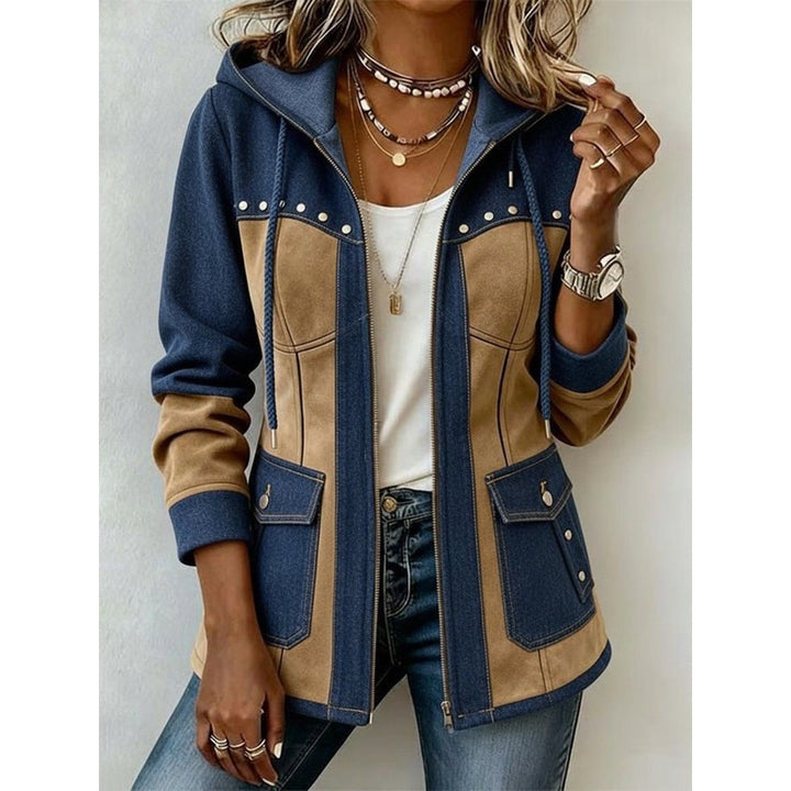 Giacca da donna con cappuccio e borchie blu navy e cammello