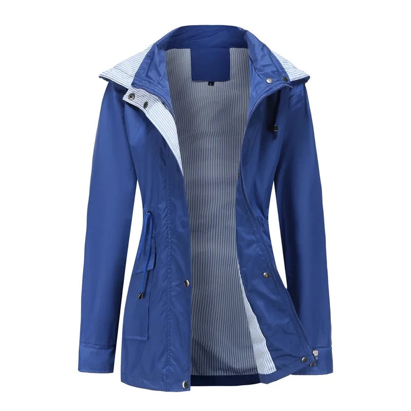 Giacca donna blu con cappuccio e coulisse in vita
