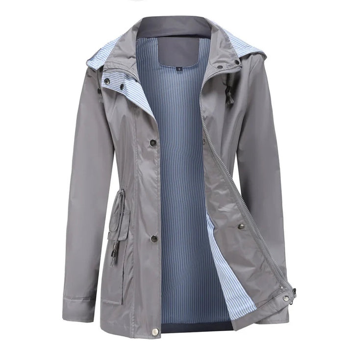 Giacca donna grigia con cappuccio e fodera a righe