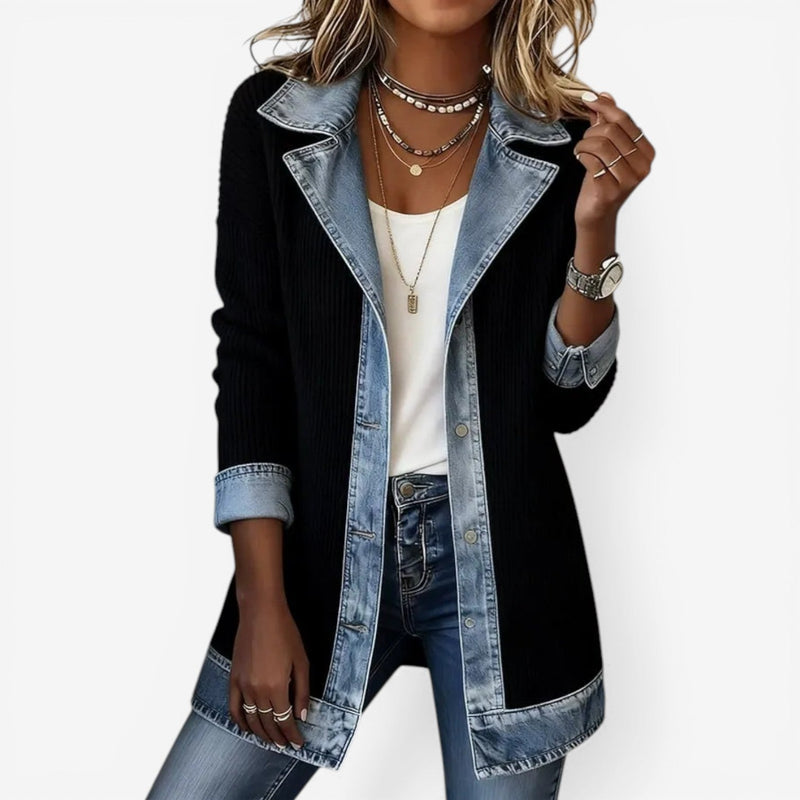 Giacca da donna in maglia con inserti in denim nera – vista frontale