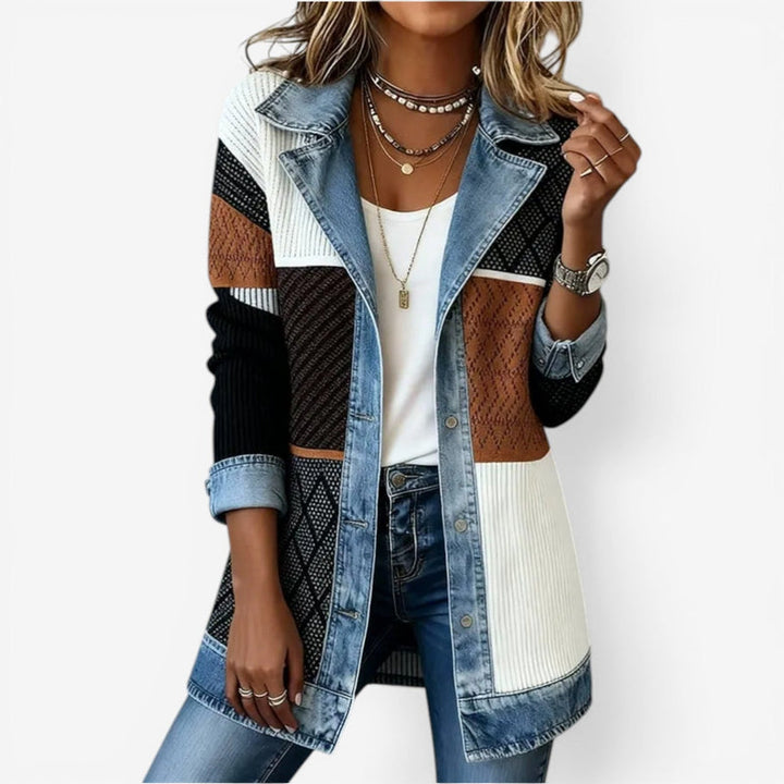Giacca da donna in maglia con inserti in denim multicolore – vista frontale