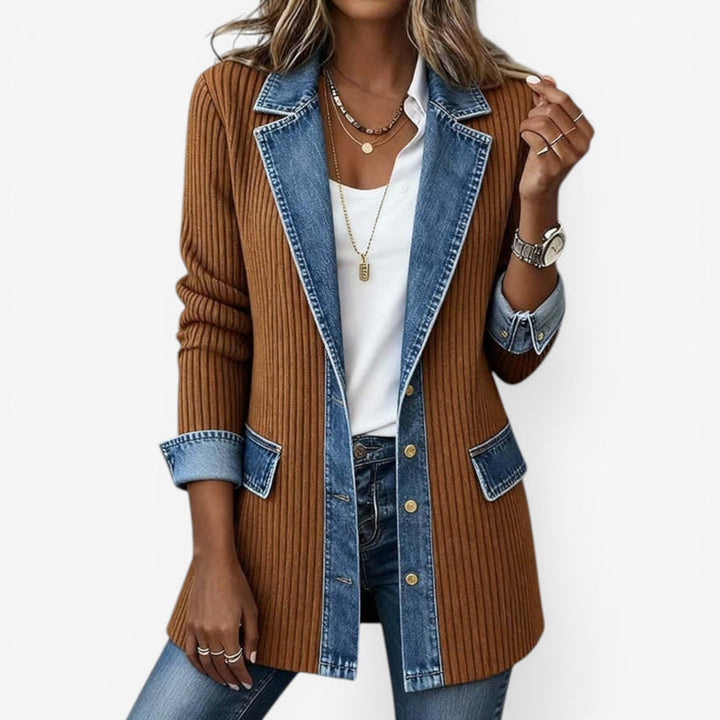 Giacca da donna in maglia con inserti in denim cachi – vista frontale