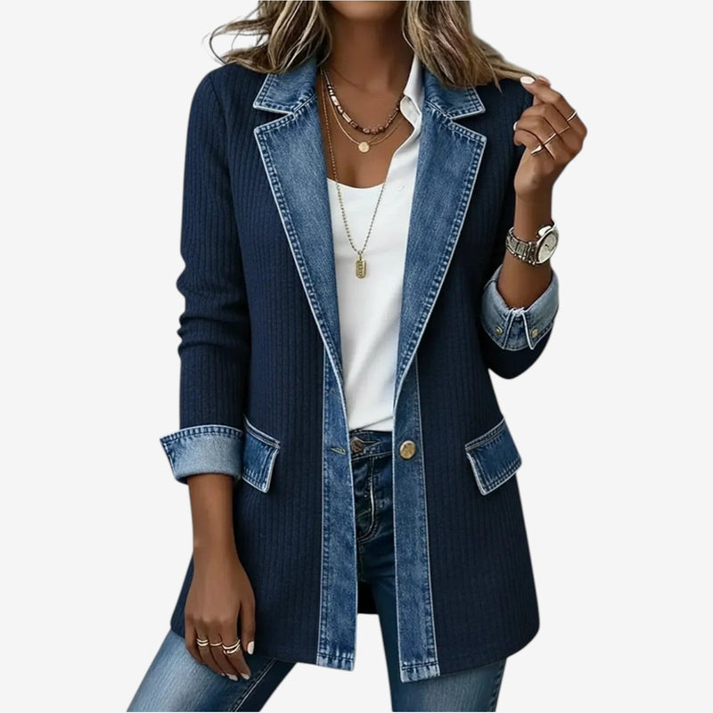 Giacca da donna in maglia con inserti in denim blu navy – vista frontale