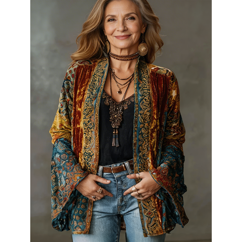 Giacca kimono da donna con motivi artistici bordeaux – vista frontale