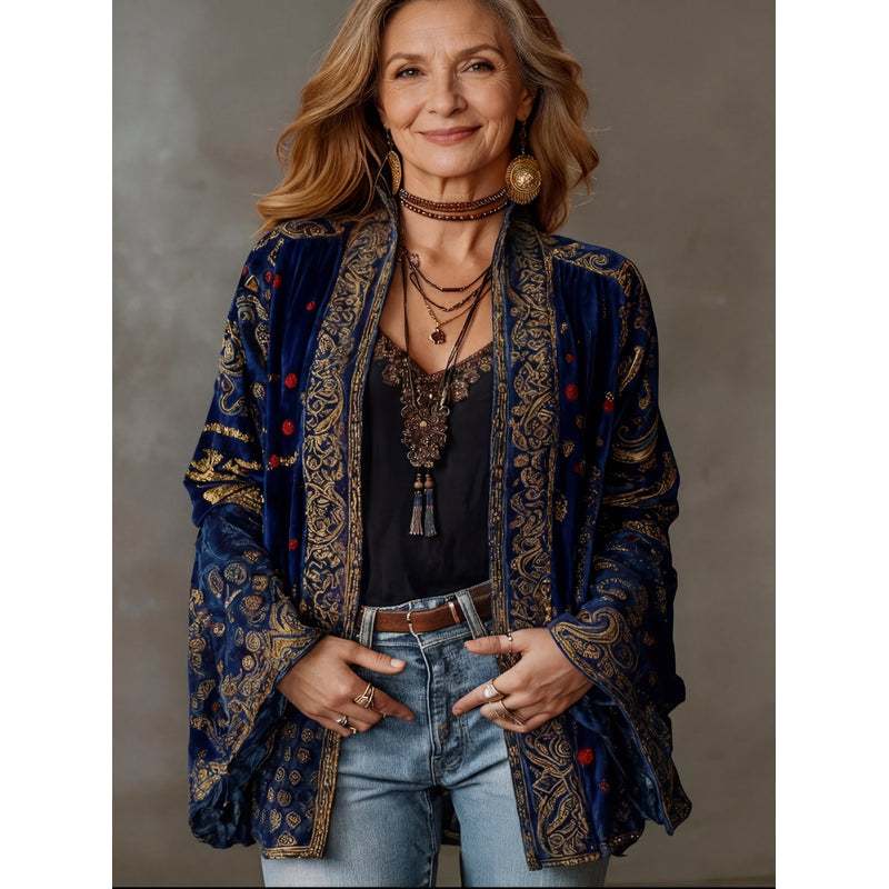 Giacca kimono da donna con motivi artistici blu notte – vista frontale