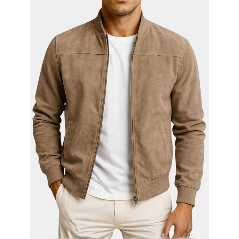 Giacca da uomo effetto scamosciato marrone con zip – vista frontale