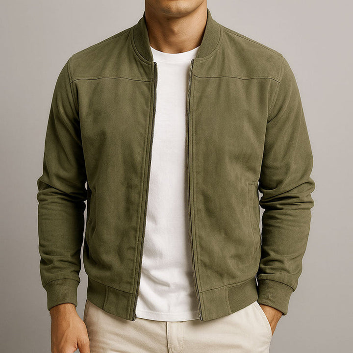 Uomo con giacca effetto scamosciato verde con zip