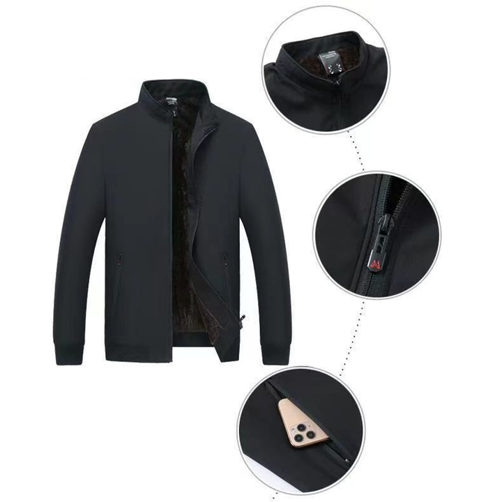 Dettagli della giacca da uomo nera: tasche con zip e colletto