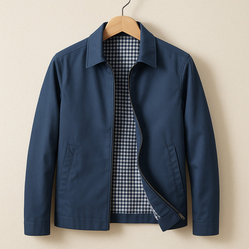 Giacca leggera da uomo con fodera a quadri blu – vista frontale
