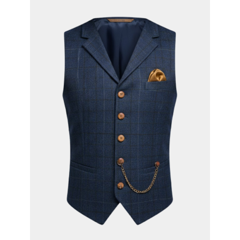Gilet da uomo blu effetto tweed con revers – vista frontale