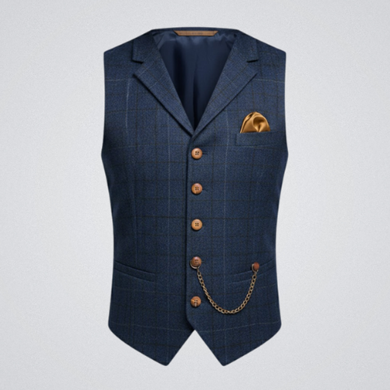 Gilet da uomo blu a quadri con revers e taschino
