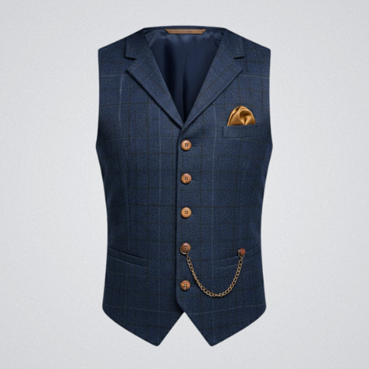 Gilet da uomo blu a quadri con revers e taschino