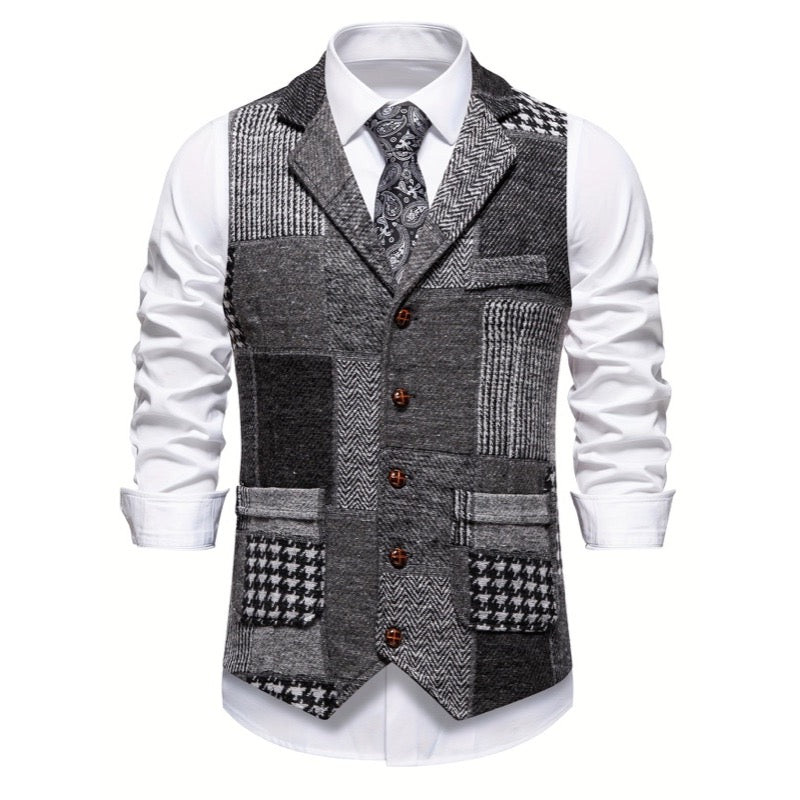 Gilet da uomo patchwork con revers grigio