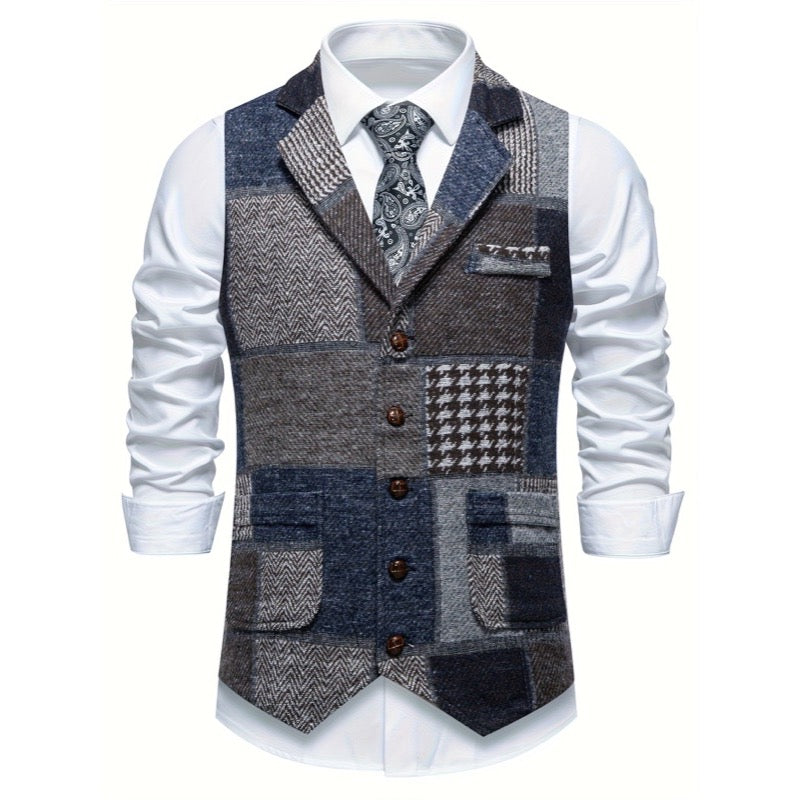 Gilet da uomo patchwork con revers blu