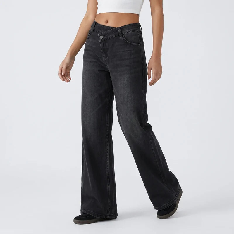 Damenjeans mit weitem Bein und asymmetrischem Verschluss für jeden Tag
