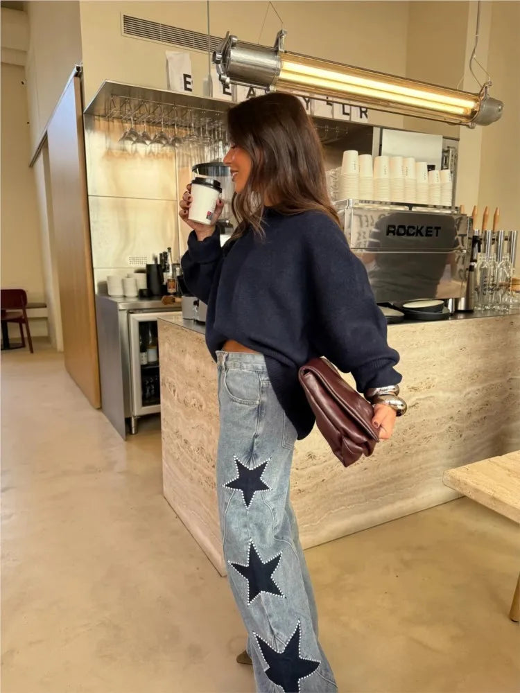 Jeans Donna a Gamba Larga con Decorazione a Stella
