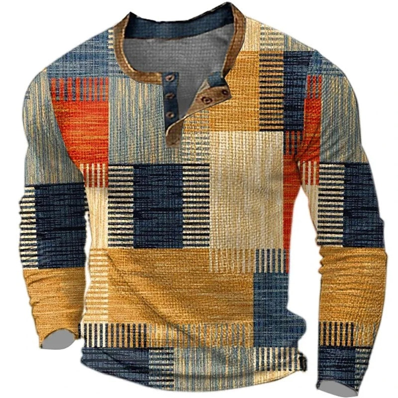 Maglia henley uomo con stampa patchwork marrone e bottoni