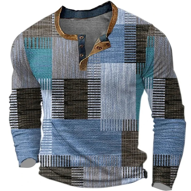 Maglia henley uomo con stampa patchwork blu a maniche lunghe
