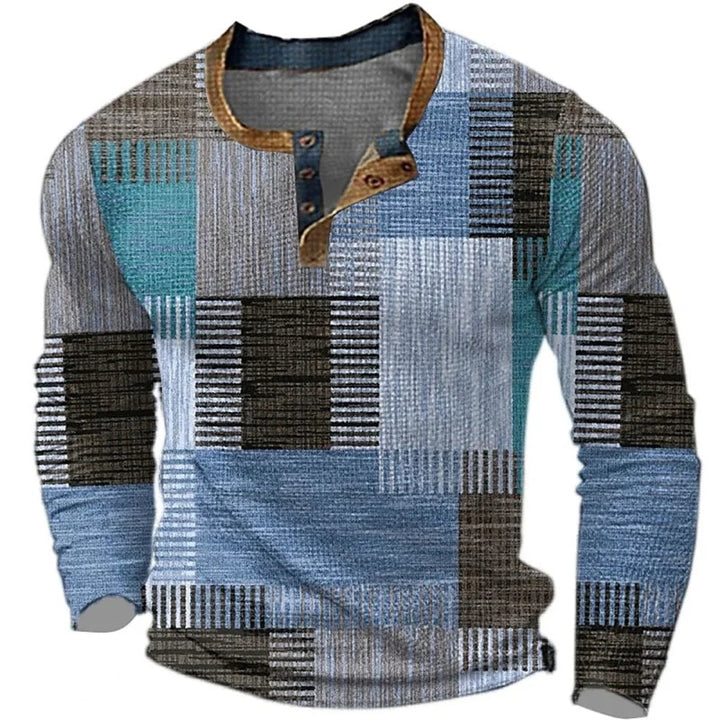Maglia henley uomo con stampa patchwork blu a maniche lunghe
