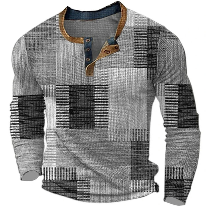 Maglia henley uomo con stampa patchwork grigia a maniche lunghe