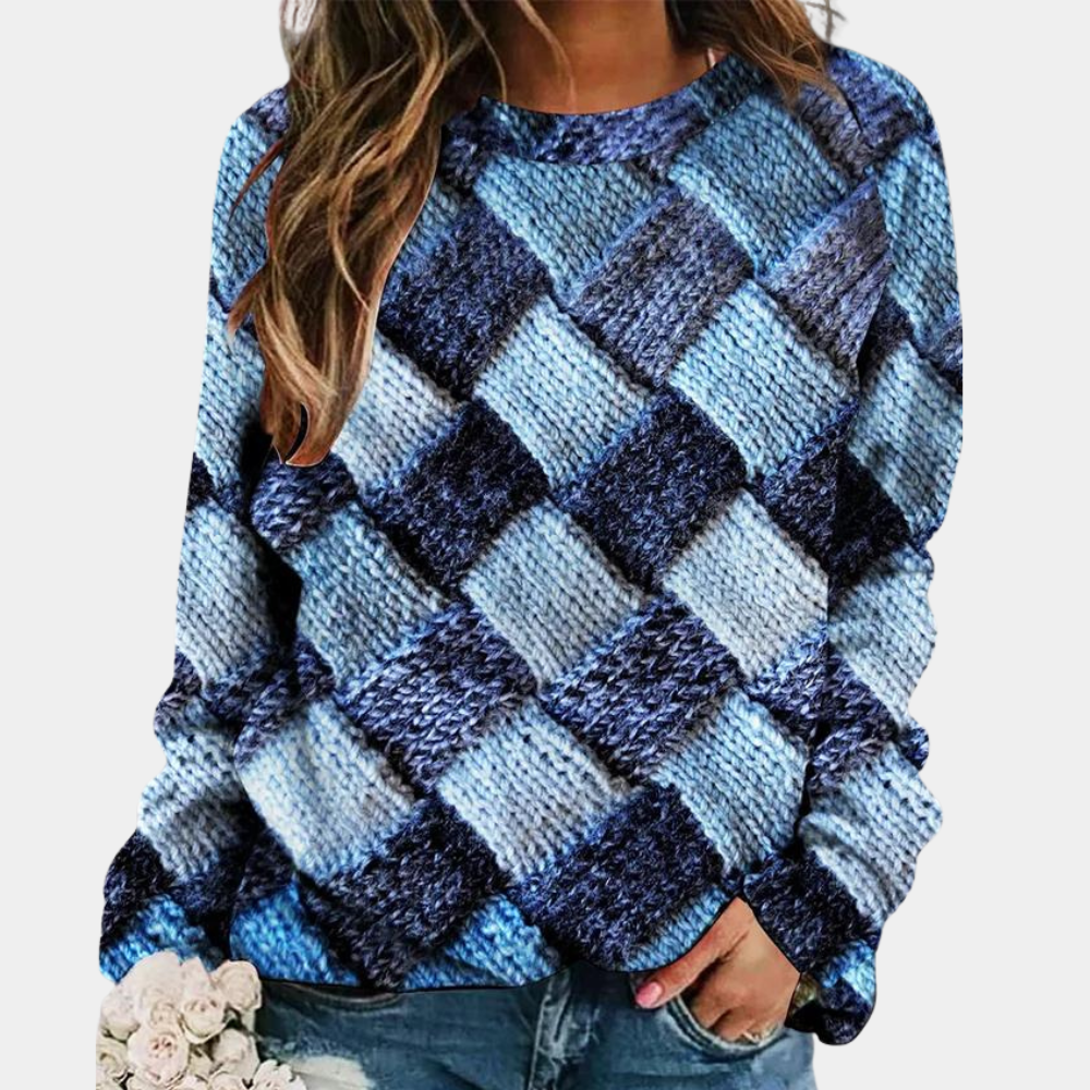 Maglione donna girocollo a rombi multicolore blu