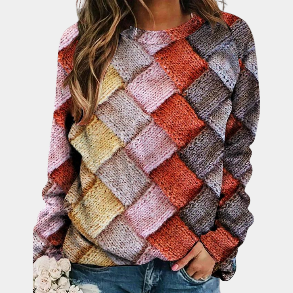 Maglione donna girocollo a rombi multicolore rosa