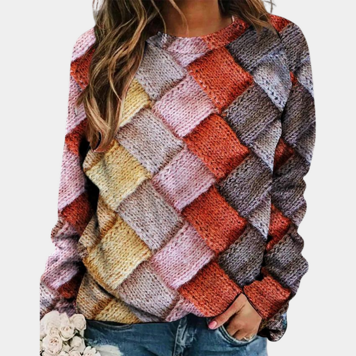 Maglione donna girocollo a rombi multicolore rosa