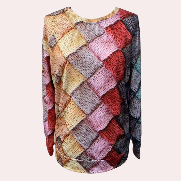 Maglione donna a rombi multicolore rosa indossato